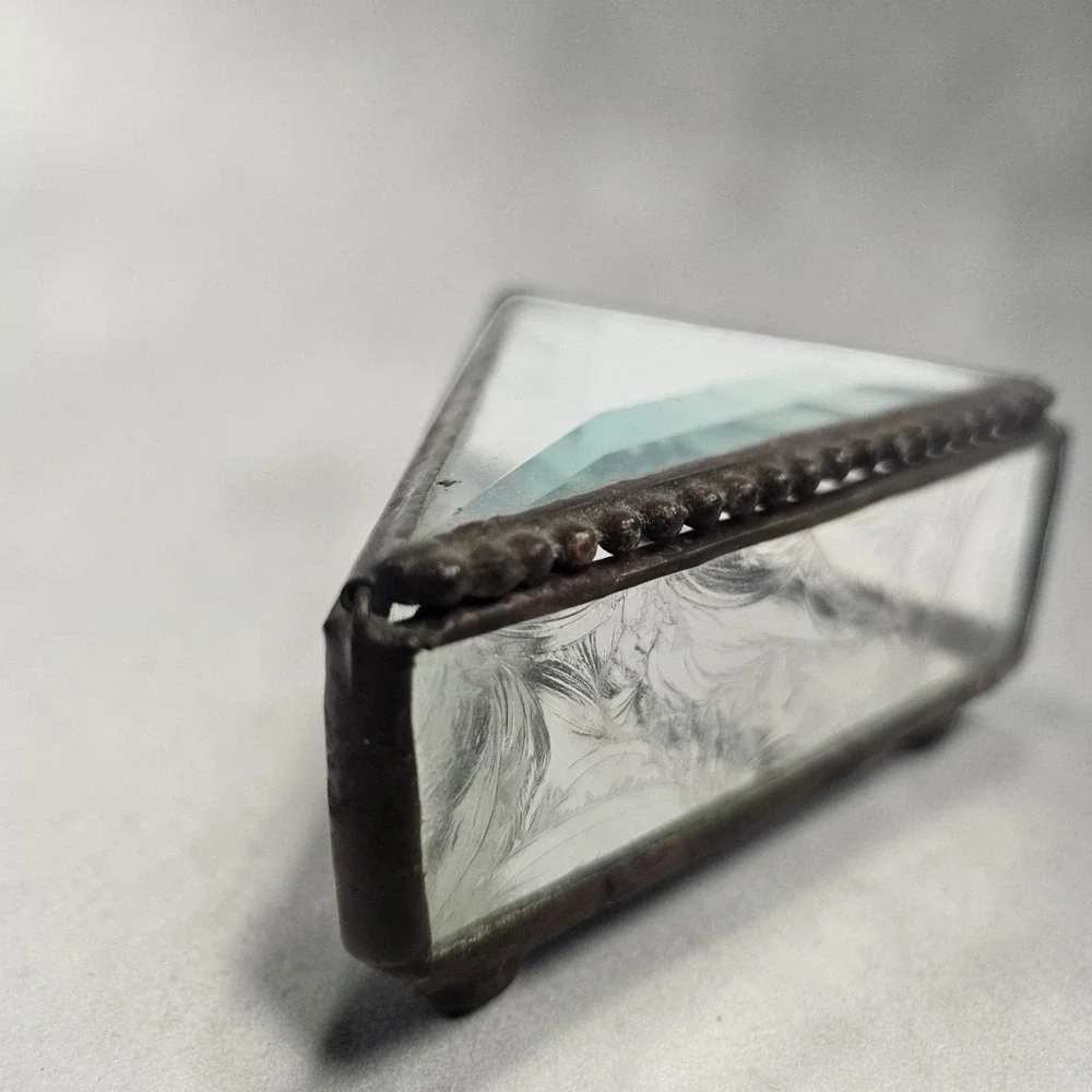 Vintage Etched Clear Beveled Leaded Glass Jewelry Triangle Art Deco Box Trinket